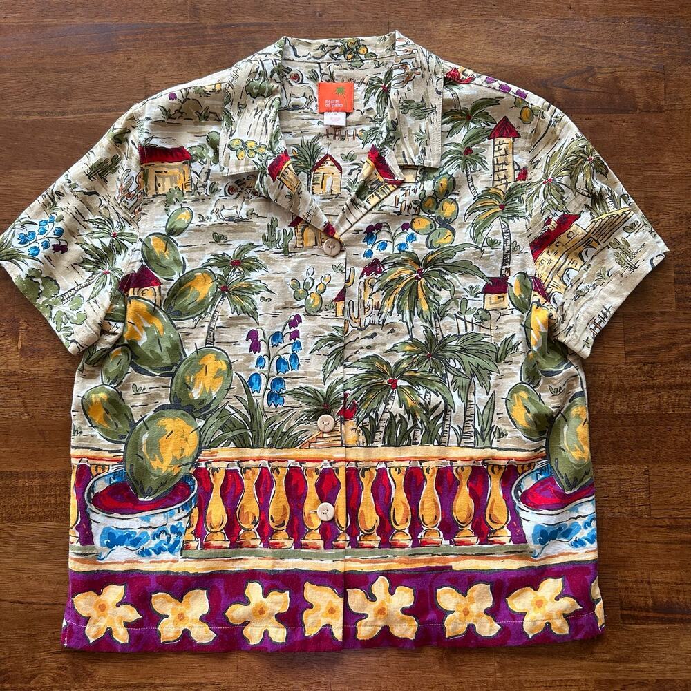Hearts of Palm Linen Blend Tropical Resort Shirt Size 10, Vibrant Cactus & Palm